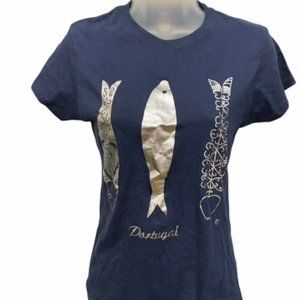 New Blue T-Shirt w Silver Fish from Portugal Size S